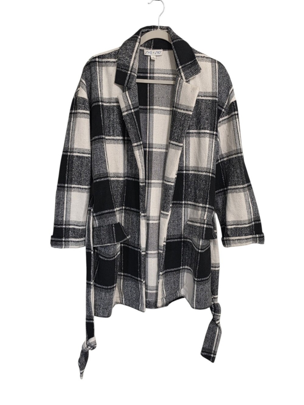 She & Sky Black White Plaid Shacket S Open Front Long